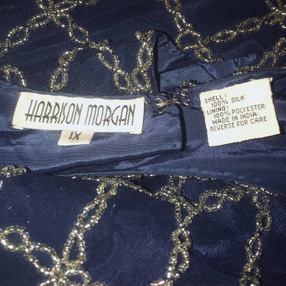 Vintage HARRISON MORGAN Sz 1X Women's Navy Silver Pearl Beaded Seashells Blouse - Picture 3 of 10